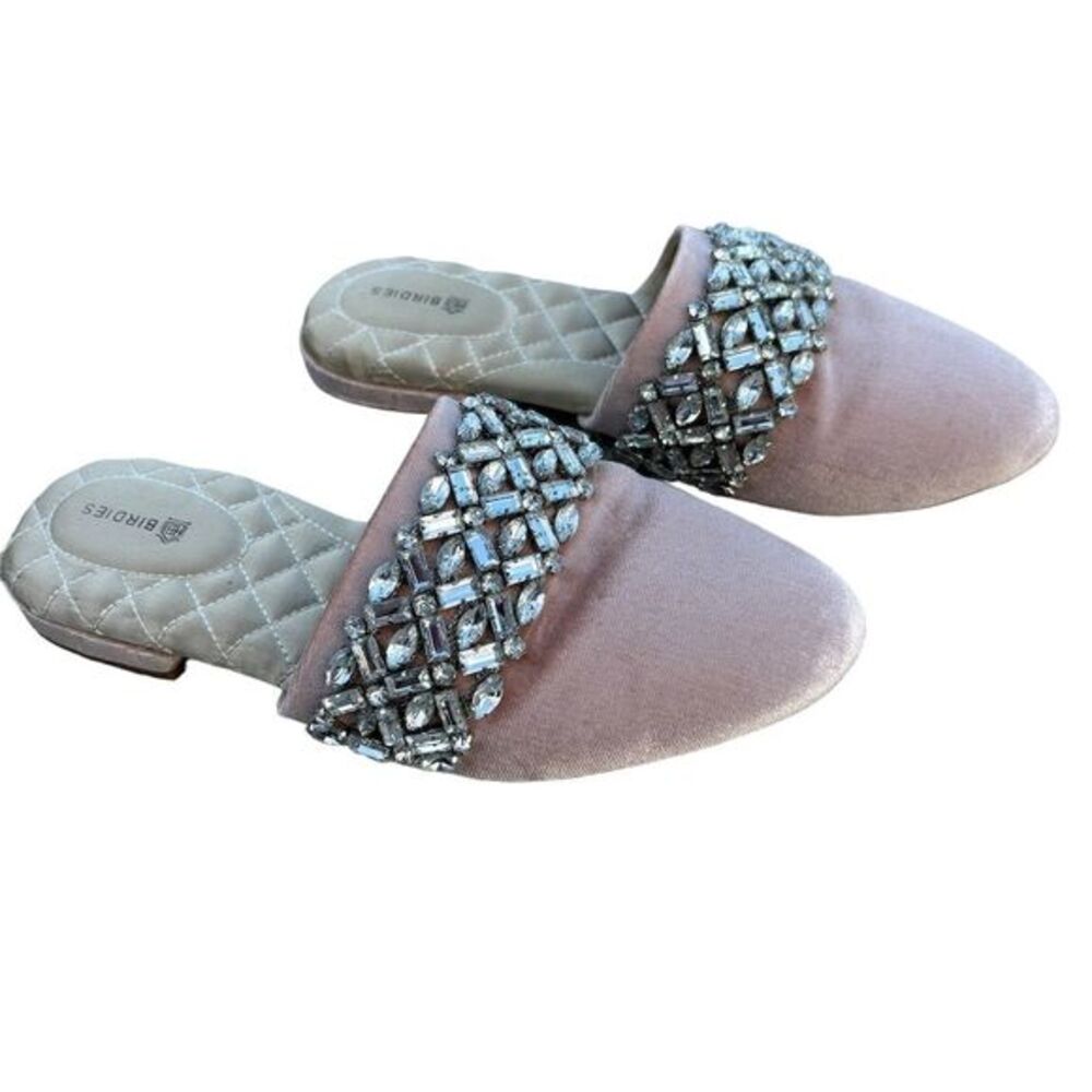 Birdies The SongBird Pink Velvet Mule Slippers Size 6.5 Crystal Embellished
